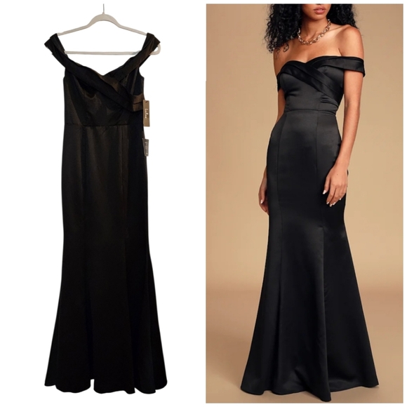 Lulus NWT Adored Forever Black Satin Off-the-Shoulder Maxi Dress Sz Small - Picture 1 of 15